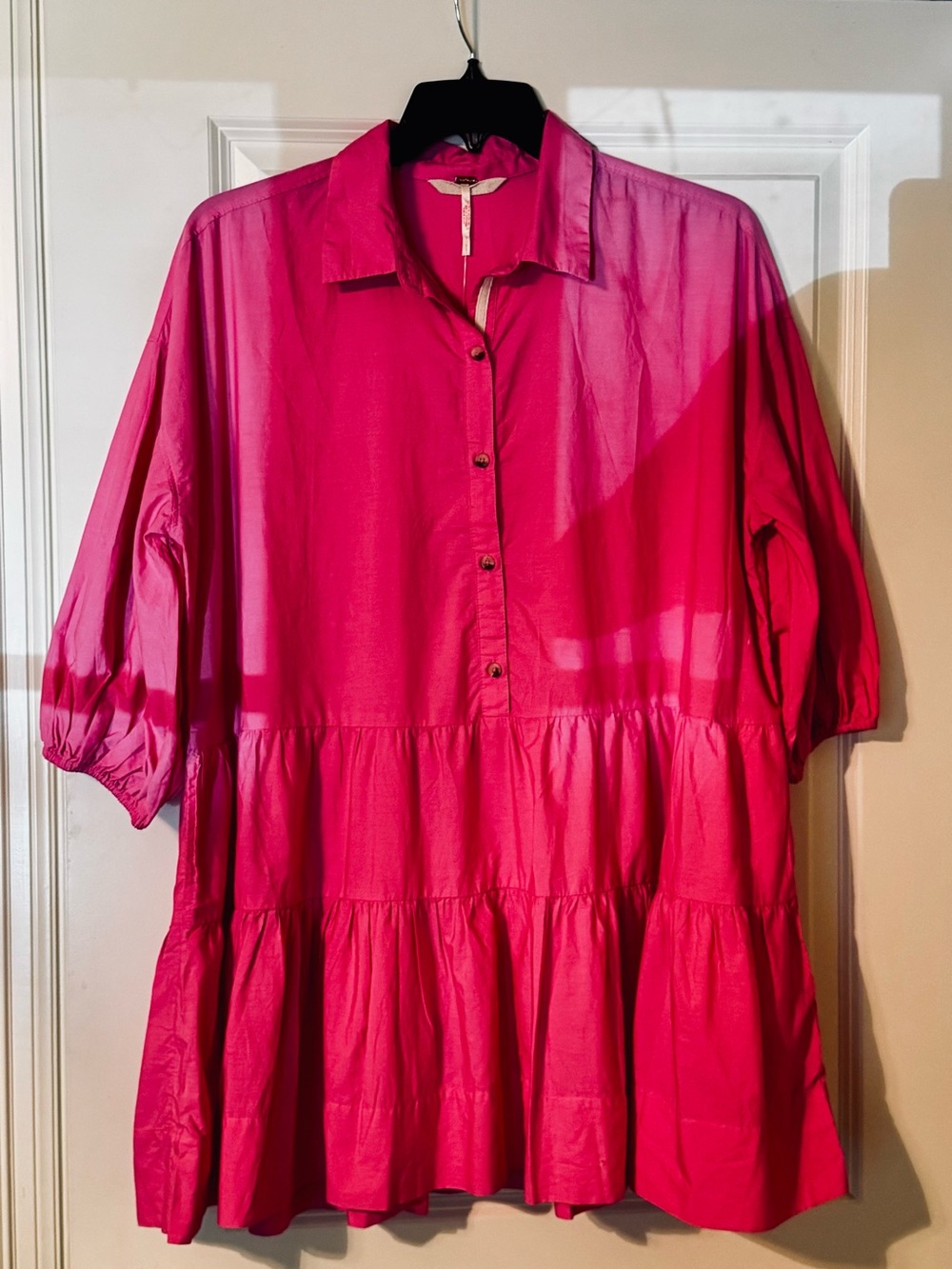 Free People NWT Pink Tiered Babydoll Mini Dress Size Small Puff Sleeve Boho